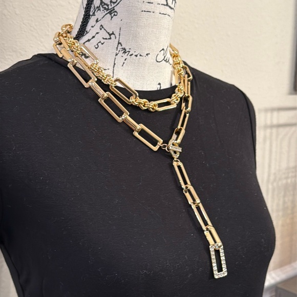 INC International Pavé Link Gold Layered Lariat Necklace - Picture 5 of 8